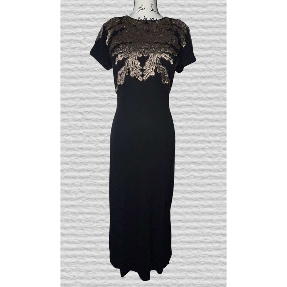 David Meister Embroidered Beaded Luxe Gown Womens 8 Black Gold Maxi Elegant Gala